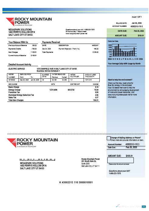 USA Utah Rocky Mountain Power electricity business utility bill template in Word and PDF formats